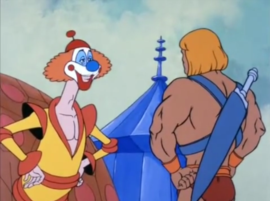 He-Man with his best friend, Crackers the Clown, in "The Greatest Show on Eternia."