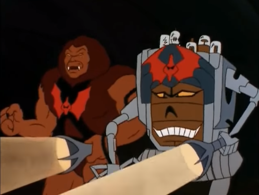 Grizzlor and Dylamug shine flashlights on Orko's shadow in She-Ra "Shades of Orko"