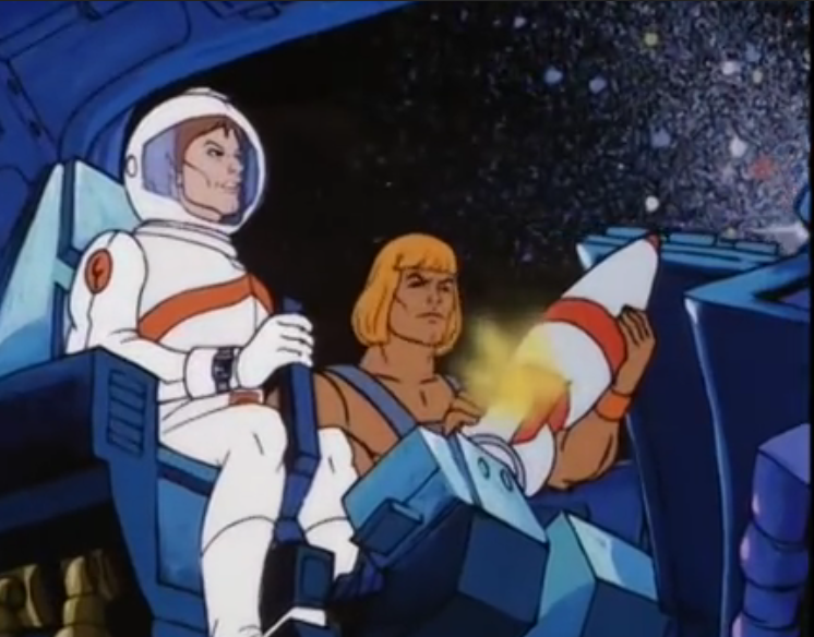 He-Man holding a missile next to astronaut Mark Blaze in "Visitors from Earth"