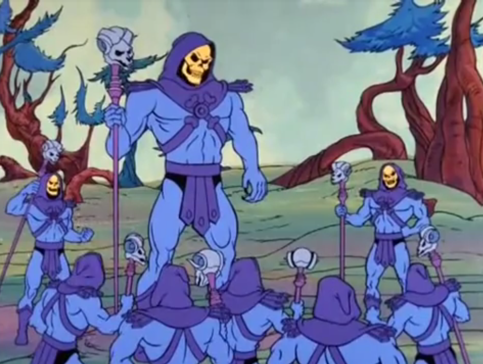 Skeletors conferencing in the He-Man episode "Here, There, Skeletor's Everywhere"