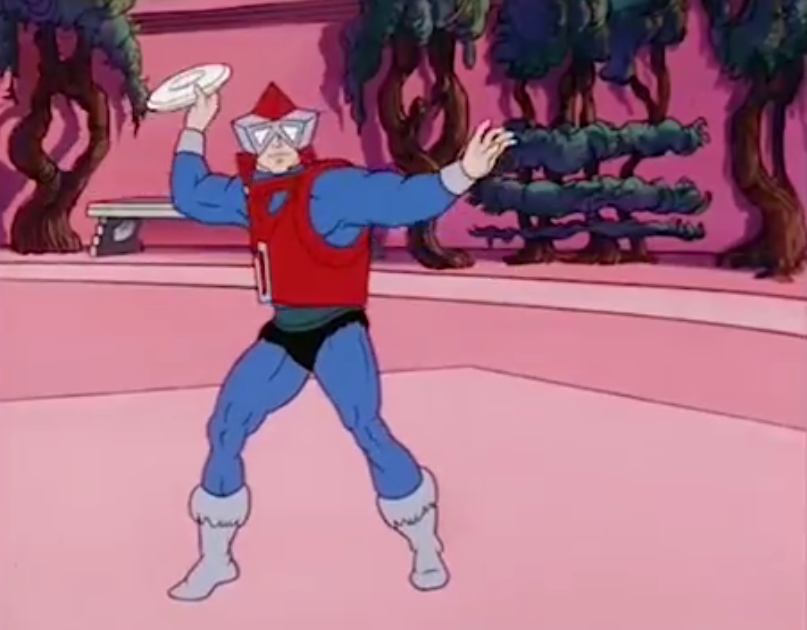 Mekanek throwing a frisbee to some kids in He-Man "Search for a Son"