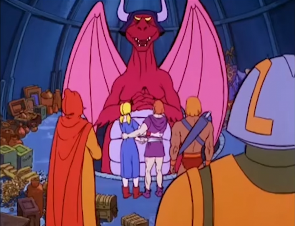 A large pink dragon, Granamyr, presides over a wedding between Lyra and Zorm. He-Man, Man At Arms, and Lyra's father Brindle watch the ceremony.