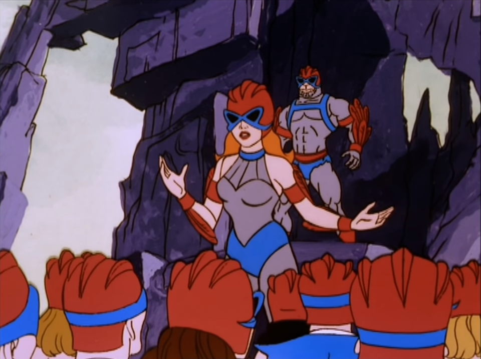 Hawke frames Stratos for neglecting his guard duties in Avion, the city of bird people, in the He-Man episode "Betrayal of Stratos."