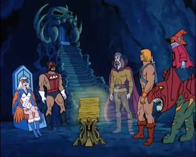 He-Man and allies discuss the Golden Disks of Knowledge with Zanthor in "The Golden Disks of Knowledge."