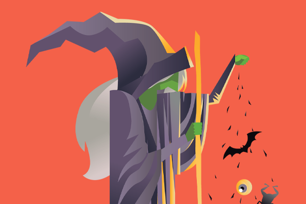 Witch on orange background, feeding bats
