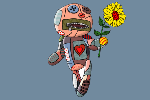 Puppet with flower, skipping on blue field