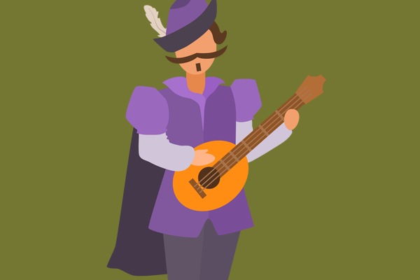 Bard playing lute on a green field
