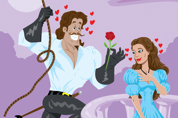 swashbuckler, swinging in with rose for woman in blue dress