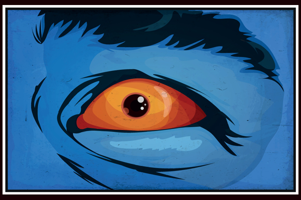 Closeup of orange eye on a blue mutant face